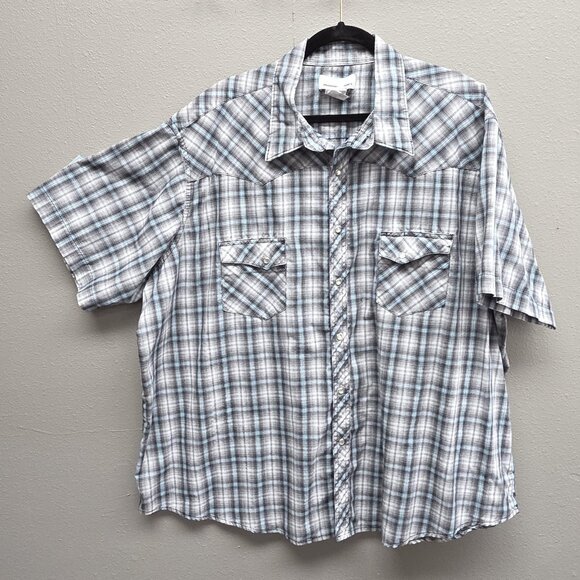Wrangler Shirt Mens 2XL Gray Blue Plaid Western Pearl Snap Short Sleeve Cowboy - Picture 1 of 9